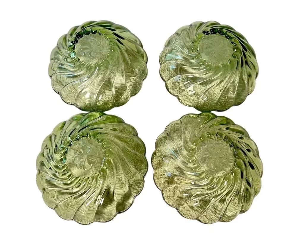 1960s MCM Hazel Atlas Avocado Green Glass Berry Bowls Seashell Swirl 4 Pieces
